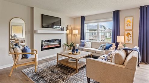 Living room with electric fireplace and large window