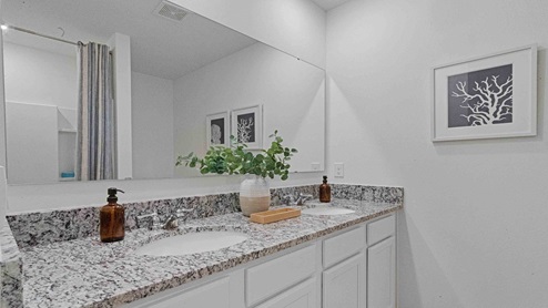 Modern double vanity bathroom with granite countertops, large wall mirror, and cabinetry.