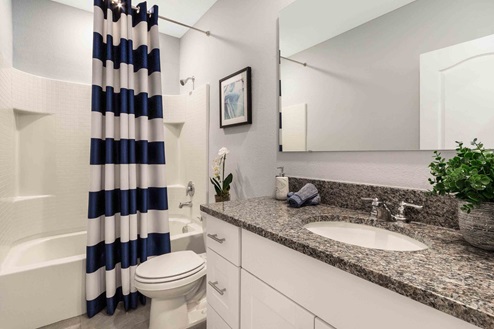 Single vanity bathroom with granite countertop, large wall mirror, toilet and shower.